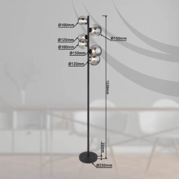 Stojacia lampa Riha, výška 155 cm, čierna/dymová farba, 6 svetiel.