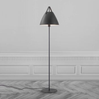 Stojacia lampa Strap z kovu, kožená páska, čierna