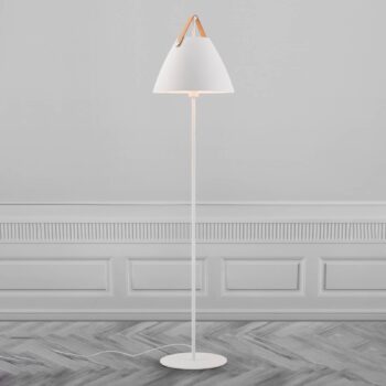 Stojacia lampa Strap z kovu, kožený remienok biela