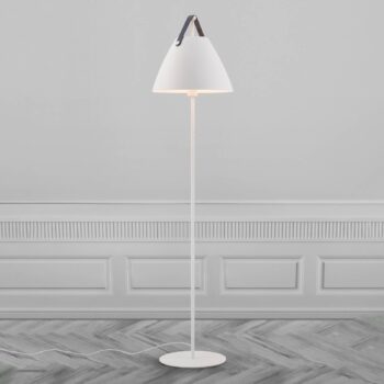 Stojacia lampa Strap z kovu, kožený remienok biela