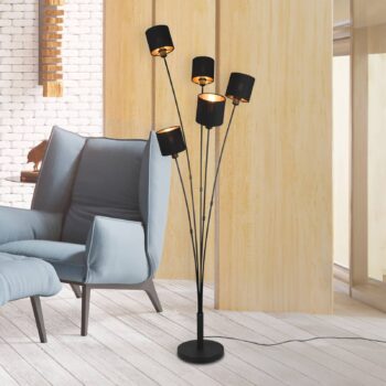 Stojacia lampa Tommy, čierna/zlatá, výška 163 cm, 5 svetiel, látka