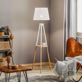 Stojacia lampa Vaio Drevený trojnožkový stojan, biele tienidlo na lampu