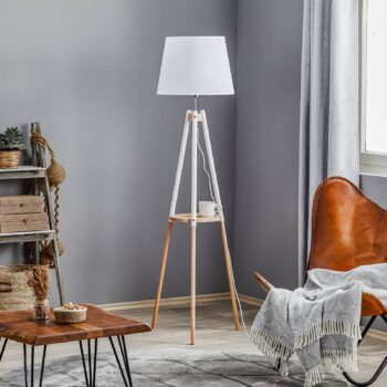 Stojacia lampa Vaio Drevený trojnožkový stojan, biele tienidlo na lampu