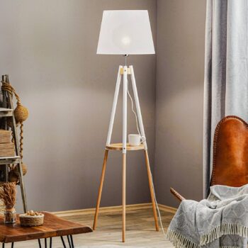 Stojacia lampa Vaio Drevený trojnožkový stojan, biele tienidlo na lampu