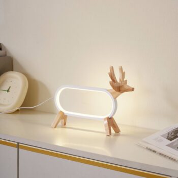 Stolná LED lampa Lindby Hirvi, biela, drevo, 31 cm, CCT, stmievateľná