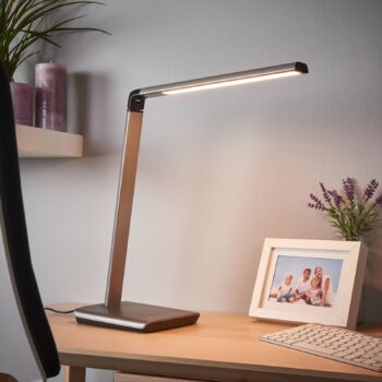 Stolná LED lampa Lindby Kuno, sivá, USB, dotykový stmievač