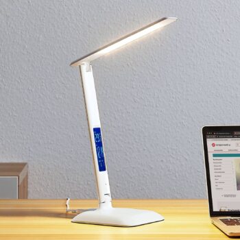 Stolná LED lampa Lindby Ludmilla, výška 34 cm, biela, displej