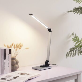 Stolná LED lampa Lindby Valtaris, strieborná, hliník, CCT, stmievateľná