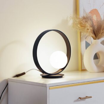 Stolná LED lampa Lucande Luneo, čierna/opál, sklo, stmievateľná