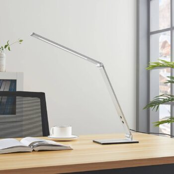 Stolná LED lampa Lucande Nicano, sivá, kov, tlmená.