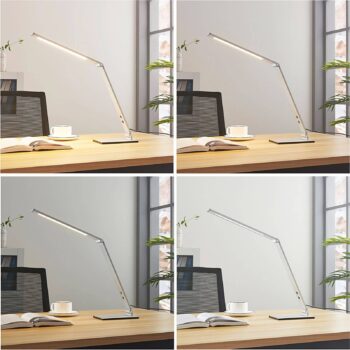 Stolná LED lampa Lucande Nicano, sivá, kov, tlmená.