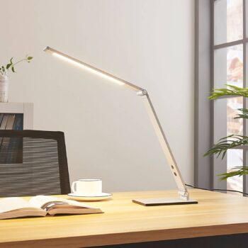 Stolná LED lampa Lucande Nicano, sivá, kov, tlmená.