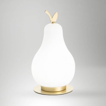 Stolná LED lampa Wilma, mosadzná/biela, v tvare žiarovky, stmievateľná