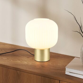 Stolná lampa Diva, mosadzná farba, biela, kov, sklo, E27