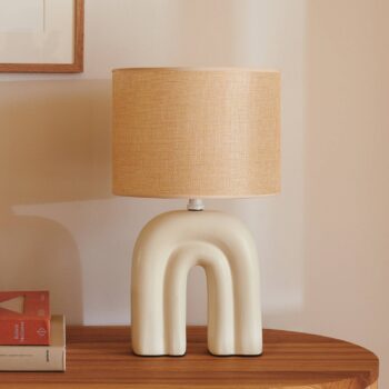 Stolná lampa Haze, keramika, textilné tienidlo, béžová