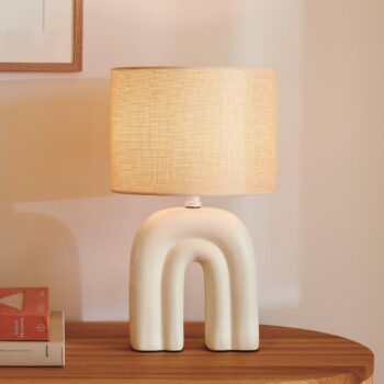 Stolná lampa Haze, keramika, textilné tienidlo, béžová