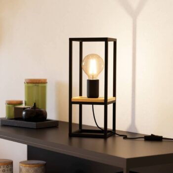 Stolná lampa Libertad, výška 35 cm, čierna/drevo, oceľ