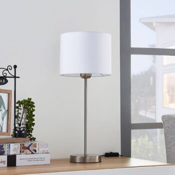 Stolná lampa Lindby Annatina, biela, nikel, výška 48 cm, textil