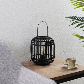 Stolná lampa Lindby Canyana, čierna, ratan, výška 27 cm