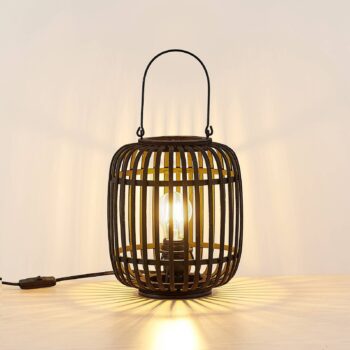 Stolná lampa Lindby Canyana, čierna, ratan, výška 27 cm
