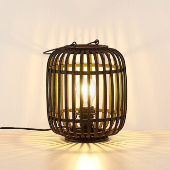 Stolná lampa Lindby Canyana, čierna, ratan, výška 27 cm