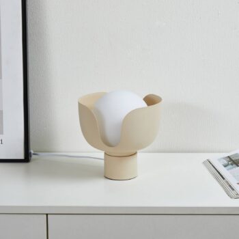 Stolná lampa Lindby Fiora, béžová, sklo, kov, Ø 20 cm