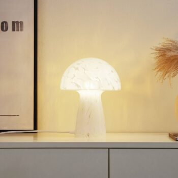 Stolná lampa Lindby Hubi, biela, sklo, Ø 22 cm, tvar hríbu
