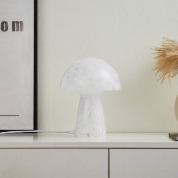 Stolná lampa Lindby Hubi, biela, sklo, Ø 22 cm, tvar hríbu