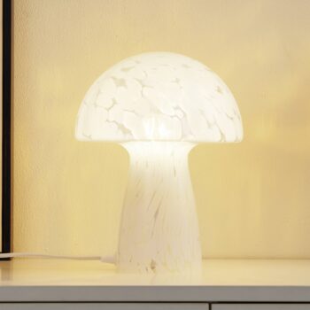 Stolná lampa Lindby Hubi, biela, sklo, Ø 22 cm, tvar hríbu