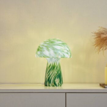 Stolná lampa Lindby Hubi, zelená, sklo, Ø 22 cm, tvar hríbu