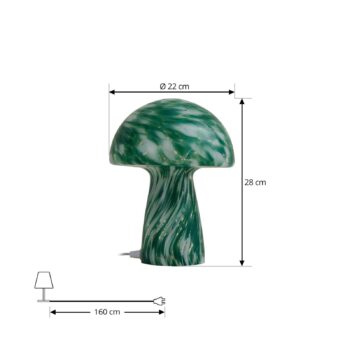 Stolná lampa Lindby Hubi, zelená, sklo, Ø 22 cm, tvar hríbu