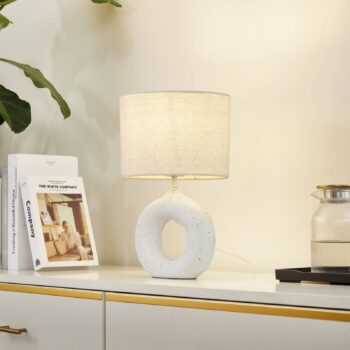 Stolná lampa Lindby Kody, béžová, textil, keramika, 37 cm