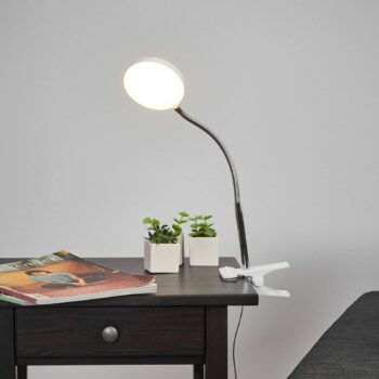 Stolná lampa Lindby LED s klipom Milow, biela, kov, výška 36 cm