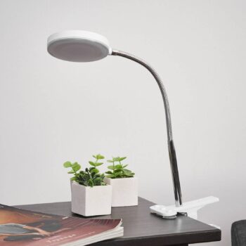 Stolná lampa Lindby LED s klipom Milow, biela, kov, výška 36 cm