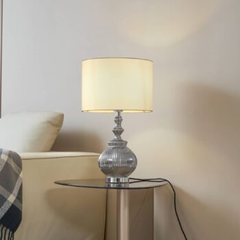Stolná lampa Lindby Loraine, biela/sivá, sklo, Ø 33 cm, E27