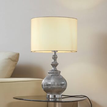 Stolná lampa Lindby Loraine, biela/sivá, sklo, Ø 33 cm, E27