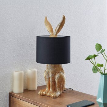 Stolná lampa Lindby Lorentina, výška 57 cm, králik, zlatá, textil