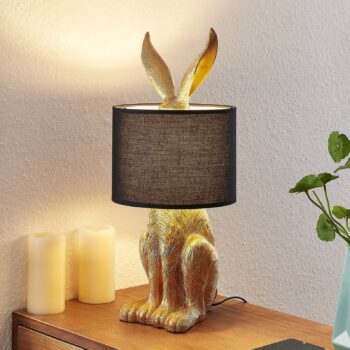 Stolná lampa Lindby Lorentina, výška 57 cm, králik, zlatá, textil