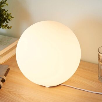 Stolná lampa Lindby Marike, biela, sklo, guľa, Ø 25 cm, E27