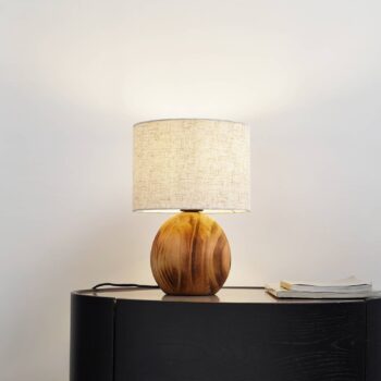 Stolná lampa Lindby Mayumi, výška 31 cm, drevo, textil
