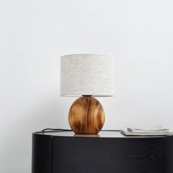 Stolná lampa Lindby Mayumi, výška 31 cm, drevo, textil