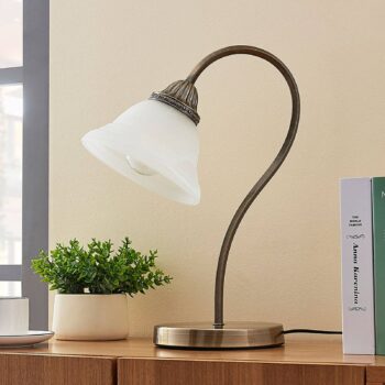 Stolná lampa Lindby Mialina, 42 cm, biela, sklo, kov