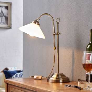 Stolná lampa Lindby Otis, starožitná mosadz, sklo, 60 cm, E14