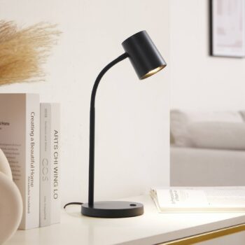 Stolná lampa Lindby Radka, čierna, plast, ohybné rameno