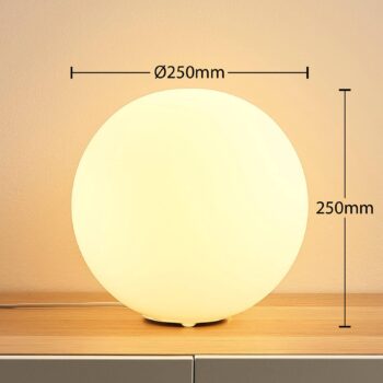 Stolná lampa Lindby Rhona, biela, opálové sklo, Ø 25 cm, E27