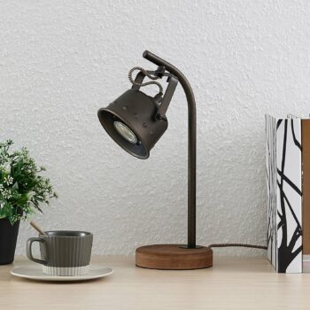 Stolná lampa Lindby Rubinjo, 37 cm, čierna, drevo, kov, GU10