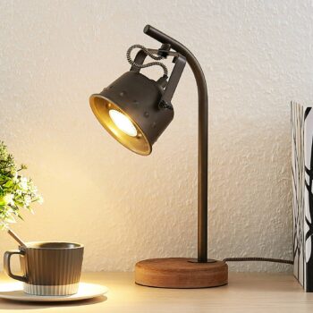 Stolná lampa Lindby Rubinjo, 37 cm, čierna, drevo, kov, GU10