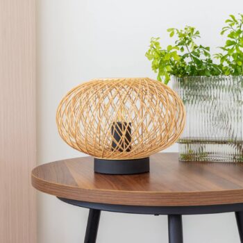 Stolná lampa Lindby Solvira, bambusové prútie, okrúhla