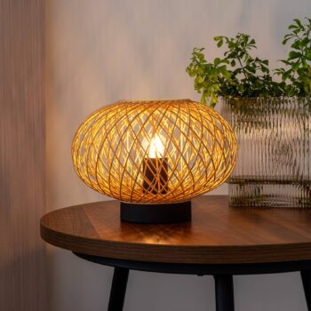 Stolná lampa Lindby Solvira, bambusové prútie, okrúhla