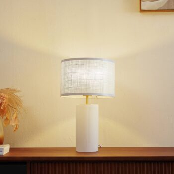 Stolná lampa Lindby Sorscha, biela, železo, Ø 26 cm